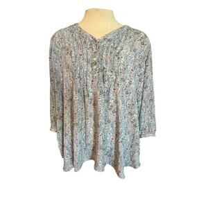 ROSE + OLIVE  BABY BLUE FLORAL 3/4 BUTTON COLLAR BLOUSE WOMENS PLUS SIZE 2XL